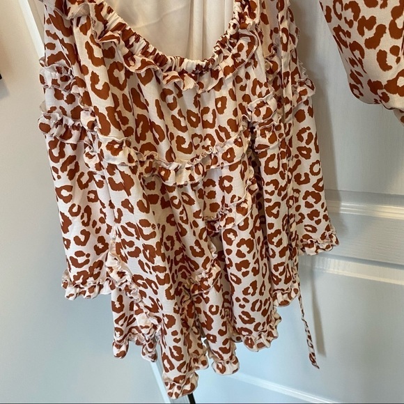 NEW Leopard Print Cutouts Mini Dress Long Sleeves Ruffles Lace Up Back - Picture 6 of 11